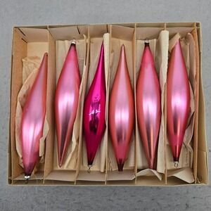 Vintage West Germany Pink Glass Teardrop Christmas Ornaments Set of 6